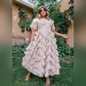 JessaKae Blush Floral Ruffle Maxi Dress